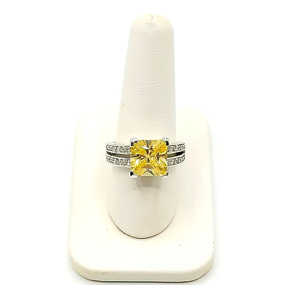 Silver Rhodium Plated Yellow Princess Cut CZ Ring, Size 8 - Picture 5 of 8